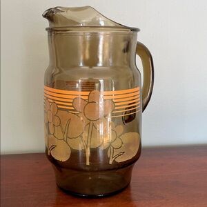 Vintage Libbey Smoked Amber  Glass Pitcher with Orange Floral Design